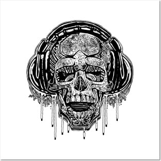 YODO Dripping Skull Wears Headphones BW Posters and Art